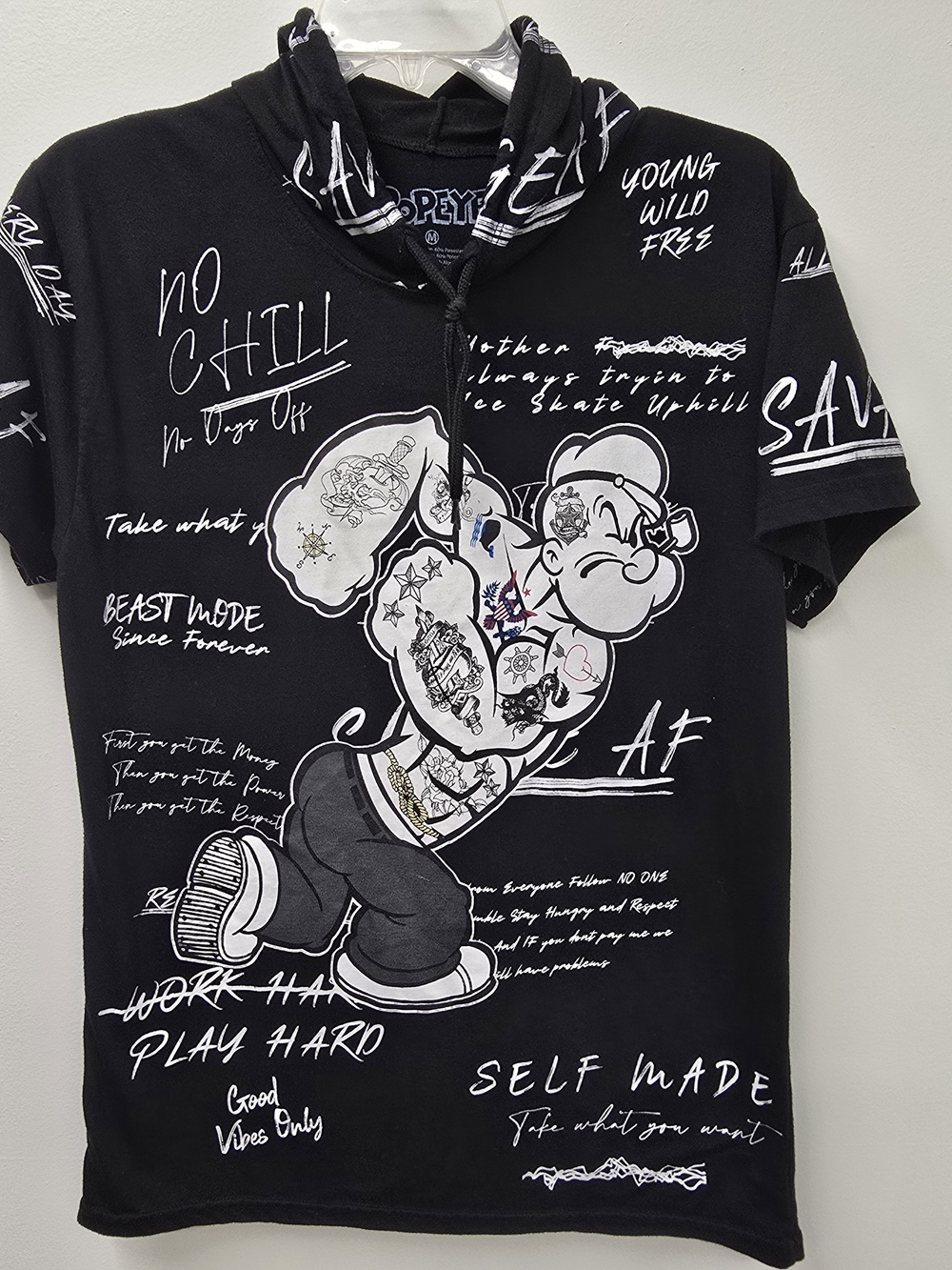 Black Graphic Short-Sleeve Hoodie Tee - Tattoo Popeye Print